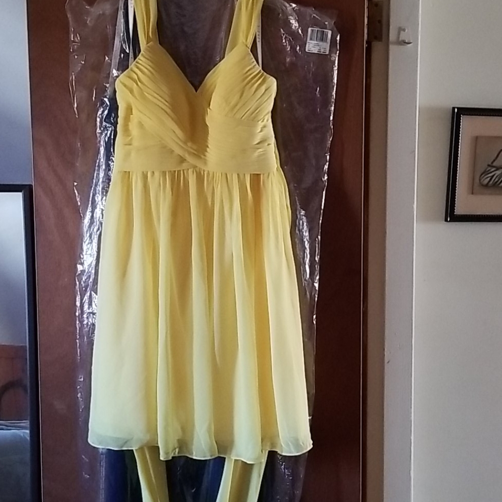 Azazie yellow tea length bridesmaid dress